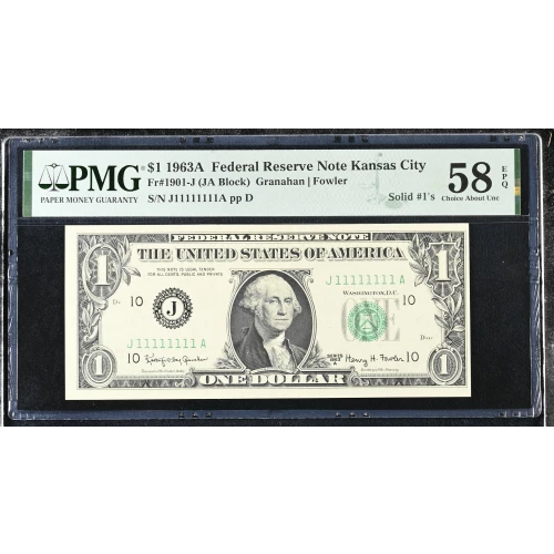 $1 1963-A. Green seal. Small Size $1 Federal Reserve Notes 1901-J